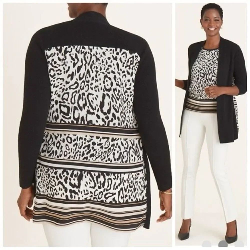 Chico's Animal Print Woven Back Cardigan open front size 2 L large black